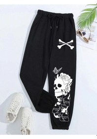 Resim Halloween Skull Print Drawstring Waist 4 Mevsim Eşofman Siyah 