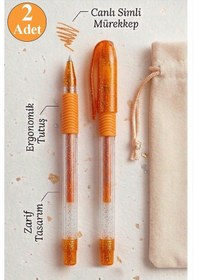 Resim Turuncu Simli Jel Kalem 1.0mm 2 Adet Akıcı Yazım Pensan Simli Jel Kalem Tükenmez Simli Kalem Simli Pilot Kalem Canlı 