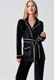 Resim Uzun Kollu Kimono Kadife Esnek Viskoz Pijama Takım 18216 - Mürdüm / L 