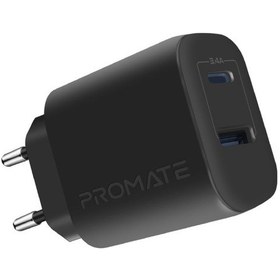 Resim Promate BiPlug-2 17W Yüksek Hızlı Şarj Cihazı, 5V/3A Type-C, 5V/2,4A USB Duvar Şarj Adaptörü, Aşırı Şarj Koruma 