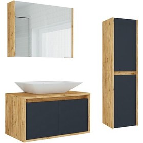 Resim Banos Roomart Lavabolu Ahşap-Antrasit 85Cm Banyo Dolabı+Aynalı+Bo Antrasit 