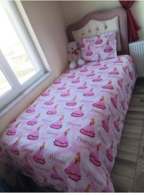 Resim Tek Kişilik Nevresim Takımı Kız Çocuk Ranforce Pamuklu Prenses Desenli 155x230 Cm Açık Pembe 