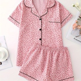 Resim Kadınlar İçin Yazlık Leopar Desenli Pijama Takımı - Günlük Kısa Kollu, Düğmeli Üst & Elastik Bel Şort, Nefes Alabilen Polyester Ev Giyimi 