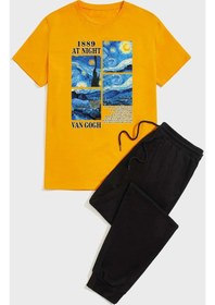 Resim Unisex Van Gogh Baskılı Eşofman Takımı Turuncu Siyah 