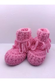 Resim El Emeği Pembe Örgü Kız Çocuk Ev Patiği 21-22 Numara - 
