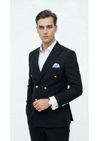Resim Plus Scorpion Erkek Kruvaze Blazer Ceket Slim Fit Premium Dokulu Şık Klasik Ceket Siyah 