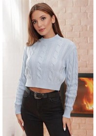 Resim Yarım Balıkçı Yaka Saç Örgülü Kısa Crop Bebe Mavisi Kazak Bebe Mavisi 