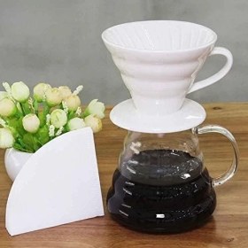 Resim Seramik Kahve Dripper - Porselen Demleyici - No: 2 - Beyaz (V60 Benzeri) 