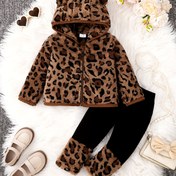 Resim 1-6 Yaş Kız Çocukları İçin 2 Parça Set, Leopar Desenli Fermuarlı Polar Ceket ve Düz Renk Örgü Pantolon Kombini, Sonbahar/Kış Mevsimi için Uygun, Dış Mekan Kullanımına Mükemmel 