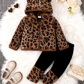 Resim 1-6 Yaş Kız Çocukları İçin 2 Parça Set, Leopar Desenli Fermuarlı Polar Ceket ve Düz Renk Örgü Pantolon Kombini, Sonbahar/Kış Mevsimi için Uygun, Dış Mekan Kullanımına Mükemmel 