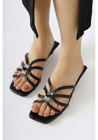 Resim Seyda Siyah Rugan Ince Bantlı Taş Detaylı Kısa Topuklu Terlik 001 