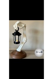 Resim Saatistan İskelet El Lamba Tutucu Dekoratif Fener, Gotik Tasarım, 30 cm, Cadılar Bayramı Süsü 