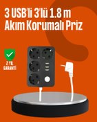 Resim AyrStore Akım Korumalı 3 USB Portlu 4’lü Priz 4.1A Hızlı Şarj 