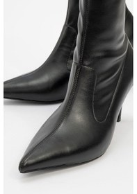 Resim Luvishoes Luvi Shoes Thalin Siyah Cilt Sivri Burun Yandan Fermuarlı Kadın İnce Topuklu Bot Siyah-Cilt 