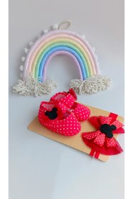 Resim Bilge Trend Kız Bebek Kırmızı Puantiyeli Minnie Mouse Patik ve Bandana Seti 