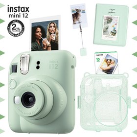 Resim Instax mini 12 Pembe Fotoğraf Makinesi-10'lu Film-Kıskaçlı Stand-PVC Albüm ve Simli Pleksi Kılıf Seti 