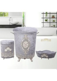 Resim Lisa Gri 3Lü Kadife Banyo Kirli Çamaşır Sepeti Seti Gri 