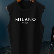 Resim Erkek Milano İtalya Baskılı Kolsuz Tank Top, Hafif Esnek Kumaşlı Rahat Yuvarlak Yaka Polyester Yelek, Yaz Sporları ve Antrenmanları için Normal Kalıp Örme Kumaş - %95 Polyester, %5 Elastan, 180g/m² 
