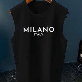 Resim Erkek Milano İtalya Baskılı Kolsuz Tank Top, Hafif Esnek Kumaşlı Rahat Yuvarlak Yaka Polyester Yelek, Yaz Sporları ve Antrenmanları için Normal Kalıp Örme Kumaş - %95 Polyester, %5 Elastan, 180g/m² 