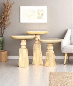 Resim AYLESA Doğal Ahşap 3’lü Set Mantar Yan Sehpa Modern Vernikli Fiskos Zigon Çiçeklik 