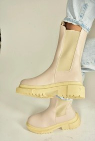 Resim V652649009 Bej Lastik Detaylı Kalın Tabanlı Kadın Bot Bej-suni Deri 