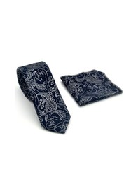 Resim Gaffy Gri Şal Desenli Lacivert Dokuma Kumaş Mendilli Slim Fit Kravat // Sdk-2607-2 Lacivert 
