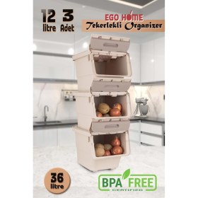 Resim Feyza Design 3'lü Tekerlekli Sebzelik Seti, Mote Krem, 36 Lt, Pratik ve Şık Tasarım 