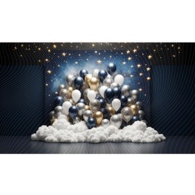 Resim Venspor Gece Gökyüzü ve Parlayan Yıldızlarla Süslenmiş Balon Temalı Arkaplan, 200x150cm, Fon, Duvar Örtüsü 