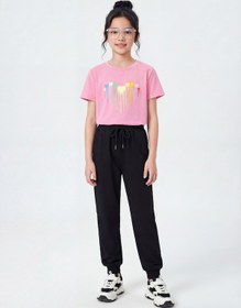 Resim Panios Kids Yuvarlak Yaka Tişörtlü Uzun Eşofman Altlı Baskı Detaylı Kız Çocuk Alt Üst Takım Pembe 