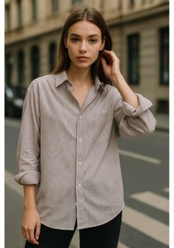 Resim Rich Kadın Bordo Çizgili Beyaz Oversize Gömlek Over Fit Relaxed Gömlek Çok Renkli 