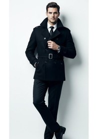 Resim Erkek Kemerli Trençkot Mont Kaşe Kumaş, Kapitone Astarlı, Çift Düğmeli Premium Tasarım Siyah 