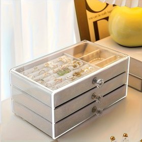 Resim A Multi-Layer Acrylic Jewelry Storage Box with Drawers for Earrings, Rings, And Necklaces - Faux Leather Lining ve Modern Tasarım ile, Bu Lüks Büyük Kapasiteli Display Box, 30 Kişilik Kullanıma Uygun, Anneler Günü ve Sevgililer Günü Gibi Durumlar İçin İdeal Bir Hediye Olarak Kullanılabilir, Ayrıca Çok Fonksiyonlu Ev Takı Kutusu, Takı Kutuları Olarak Kullanılabilir. 