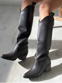 Resim SHOEBOURNE Kahverengi Deri Western Tarzı Dizaltı Uzun Kadın Çizme 