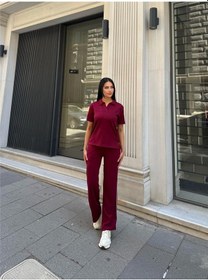 Resim WeShaya Bordo Polyester Keten Polo Yaka Takım Bordo 