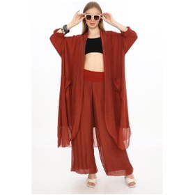 Resim Bohem Stil Itayan Ipek Detaylı Oversize Kaftan- Pantolon Takım-9214 Bordo 