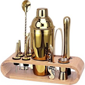 Resim Ahşap Standlı 12 Parça Çelik 750 ml Shaker Bar Tokmağı Jigger Seti Barmen Seti 