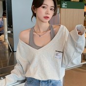 Resim Kadınlar için Omuzdan Askılı Dar Kesim Sweatshirt - Şık Kore Stili, Hafif ve Nefes Alabilir, Makinede Yıkanabilir, Bahar, Yaz, Sonbahar, Rahat Katlama Parçası, Rahat Kesim Üst|V Yaka Tasarımı|Esnek Kumaş 