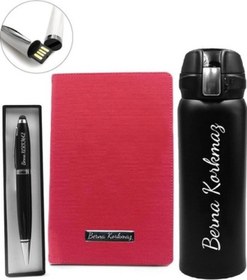 Resim Kişiye Özel Kilitli Termos & 32 Gb Siyah Usb Kalem & Kırmızı Deft 