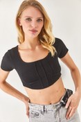 Resim Olalook Kadın Siyah Korseli Kare Yaka Crop Bluz BLZ-19002286 