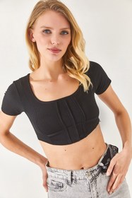 Resim Olalook Kadın Siyah Korseli Kare Yaka Crop Bluz BLZ-19002286 