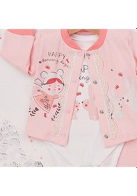 Resim 3-9 Ay Kız Bebek Takımı Happy Dancing 3'lü Hırkalı Nar Çiçeği Nar Çiçeği 