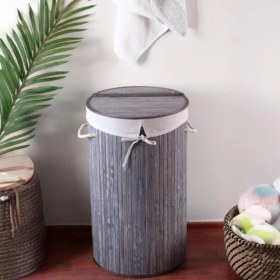Resim El Yapımı Hasır Katlanır Çamaşır Sepeti Yuvarlak 55 Litre (35CM*35CM*61CM), Doğal Malzemeden Üretilmiş Çamaşırlık (Gri) 