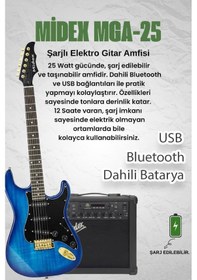 Resim Midex GLC-40BL-AMP Elektro Gitar Seti 20 WATT GAİN'Lİ Amfi Kulakl 