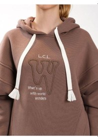 Resim Kız Çocuk Pamuklu Kapüşonlu Yırtmaçlı Yarasa Kol Şardonlu Sweatshirt-13451-kahverengi Kahverengi 