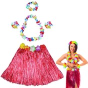 Resim Nessiworld Hawaii Dans Kostümü – Kırmızı Hula Etek &amp; Çiçek Kolye Seti 