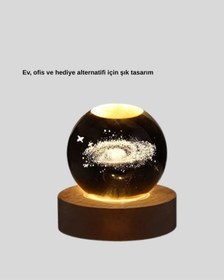 Resim 3d Lazer İşlemeli Galaksi Küre Usb Led Ahşap Standlı Oda Gece Lambası 