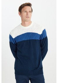 Resim AC&Co / Altınyıldız Classics Erkek Ekru-lacı Standart Fit Normal Kesim Bisiklet Yaka Colorblock Desenli Triko Kazak Ekru-lacı 