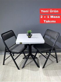 Resim Mercan Beyaz 2 Kişilik Kare Mutfak Yemek Masası Takımı 2+1 Keten Gri 60 Cm Beyaz Gri 2'li 