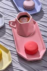 Resim 6 Kişilik 12 Parça Modern Renkli Kahve Fincan Seti - Prizma Kahve Takımı,geometrik Tasarım Beyaz - Gri - Krem - Pembe 