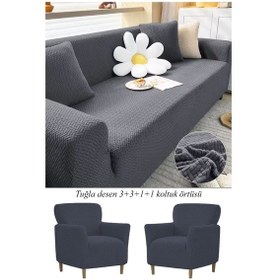 Resim StarMall Tuğla Desen Koltuk Örtüsü Çekyat Kılıfı 3311 Takım Antrasit 